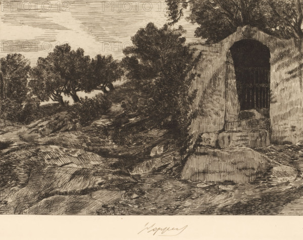 Chapel-shaped ruin with fence in rocky landscape, print, printmaker: Karel Theodoor Hippert, 1849 -