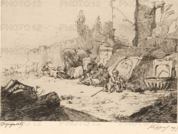Herd of cattle resting by a ruin, print, printmaker: attributed to Karel Theodoor Hippert, 1849 -