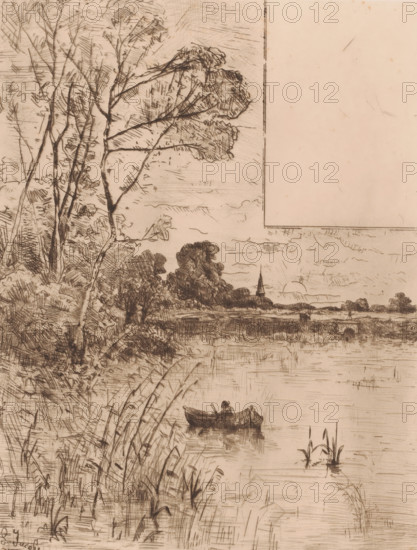 Man in a rowing boat at the setting sun, print, printmaker: Louis Adolphe Jacobs, 1865 - 1910,