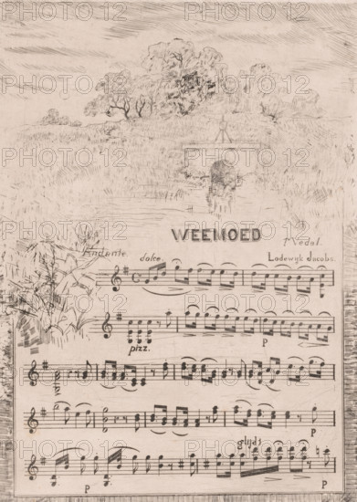 Landscape with a sluice, Melancholy, print, sheet music, printmaker: Louis Adolphe Jacobs, 1865 -