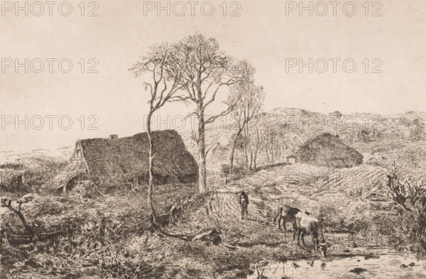 Drinking cow in a landscape with farms, print, printmaker: Lambert Jacquelart, 1830 - 1910, paper,