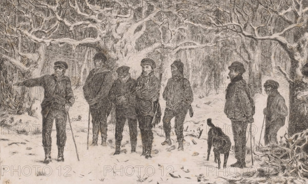 Group of hunters and beaters in a snowy forest, print, printmaker: Lambert Jacquelart, 1830 - 1910,