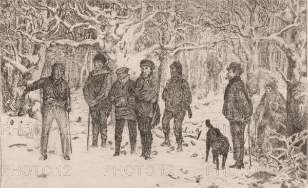Group of hunters and beaters in a snowy forest, print, printmaker: Lambert Jacquelart, 1830 - 1910,
