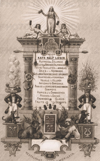 Architectural framing with dogs and figures, Menu for Société de la Kate Half Losch, print, menu