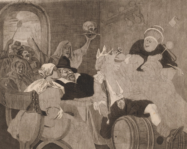 Festive company with a drinking man with a crown, Epiphany, print, printmaker: Louis Jaugey, after
