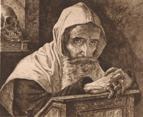 Old man with beard and hood sits with folded hands on a prayer stool, Prophet (former title),