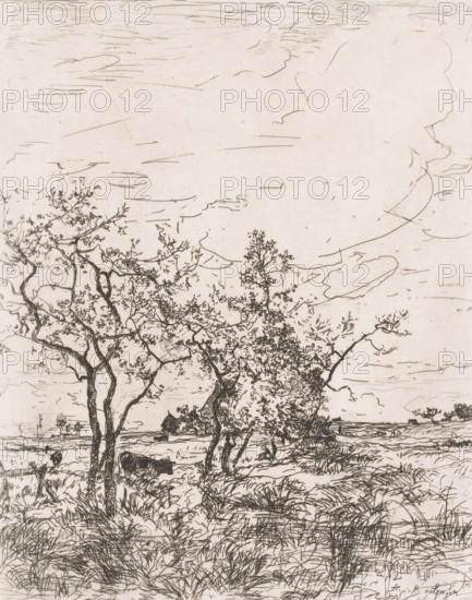 Landscape with cows and a farm, print, printmaker: Hippolyte Emmanuel Boulenger, 1847 - 1874,