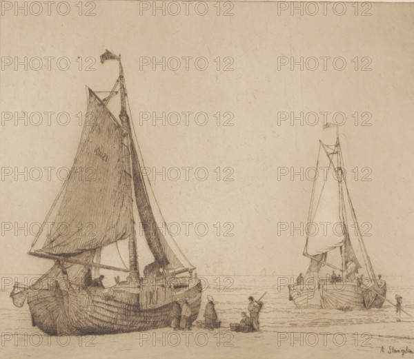 Fishing boats at Katwijk, print, Two boats on the beach of Katwijk, one lying on land and the other