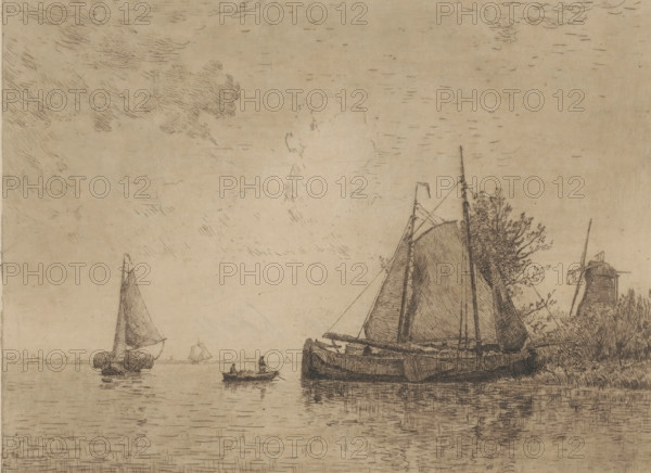 Meuse, View of the Meuse, print, View of the Meuse with two sailboats and a rowboat in the