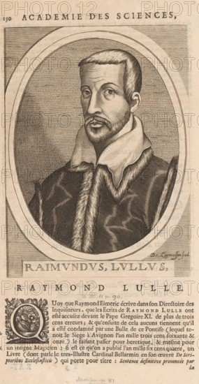 Raimundus Lullus, Portrait of Ramon Llull, print, book illustration, printmaker: Nicolas de