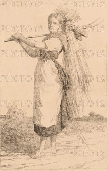 Young woman walks barefoot through the countryside with a pitchfork over her shoulder, print,