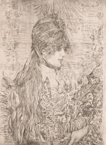 Portrait of an unknown young woman with a bouquet in her arms, print, annotation: '1er Etat',