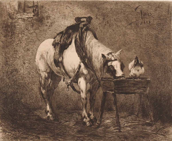 Horse and a chicken at a feeding trough, print, workshop stamp: 'Antwerpsche Etsers 1880',