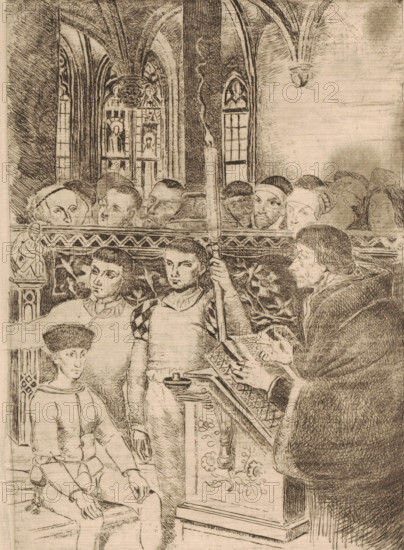 Emperor Charles V being taught, print, printmaker: Henri Leys (baron), 1825 - 1869, paper, etching,
