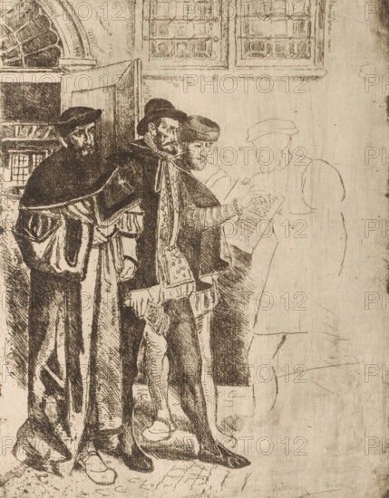 Plantijn and three others in the printing house, print, printmaker: Henri Leys (baron), 1825 -