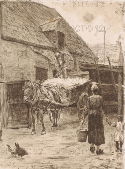 Farmer unloading hay from a wagon while the farmer's wife and son approach with a bucket, print,