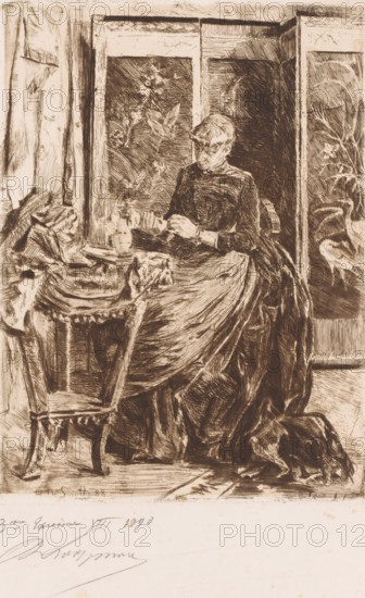 Woman working in an interior, print, annotation: '3me Epreuve', printmaker: Romain Looymans (signed