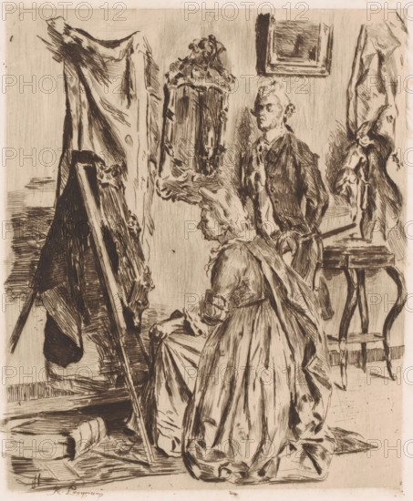 Interior with a man and woman at an easel with a framed work on it, print, annotation: '2e Etat 1