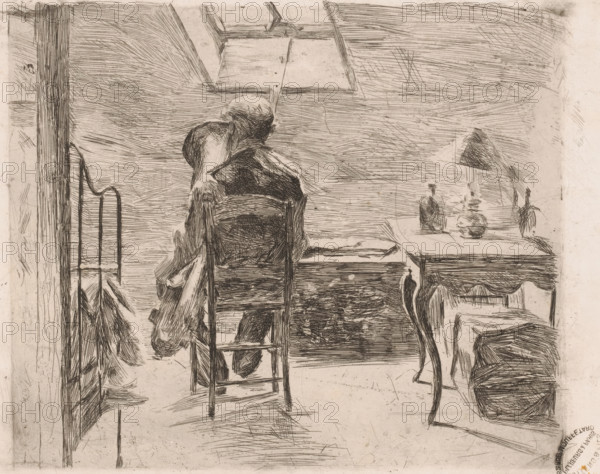 Tuba player in an attic room, print, workshop stamp: 'Cottens & Fils planeurs á Paris 52 Rue
