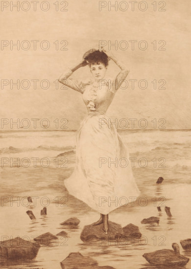 Mouettes, Young woman on a stone in the surf, print, printmaker: Léon Lowenberg (signed by artist),