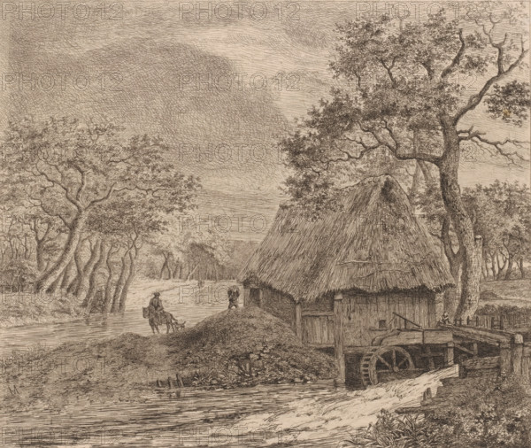 Landscape with watermill, print, printmaker: Jean Théodore Joseph Linnig, after design by Meindert
