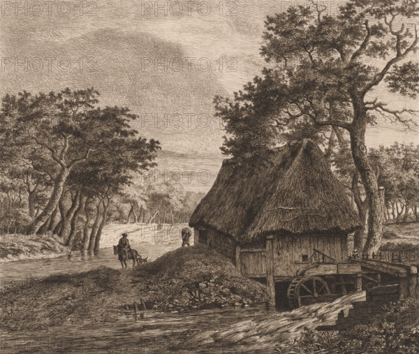 Landscape with watermill, print, printmaker: Jean Théodore Joseph Linnig, after design by Meindert