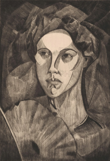 Head of a woman, Tête de femme I (original title), print, A woman with a fan., printmaker: Lodewijk