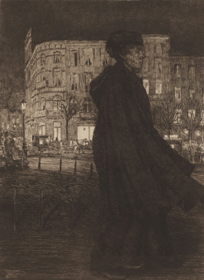 Woman walking down the street in the evening, print, printmaker: François Maréchal, 1895, paper,