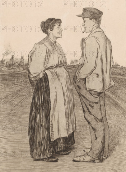 A Proposition, Man and woman face each other in the field, print, printmaker: François Maréchal,