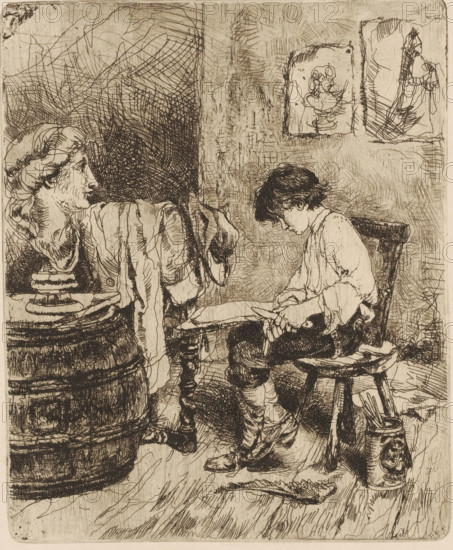 In a studio, a boy sits opposite a bust drawing, print, printmaker: Willem Linnig (II), 1852 -