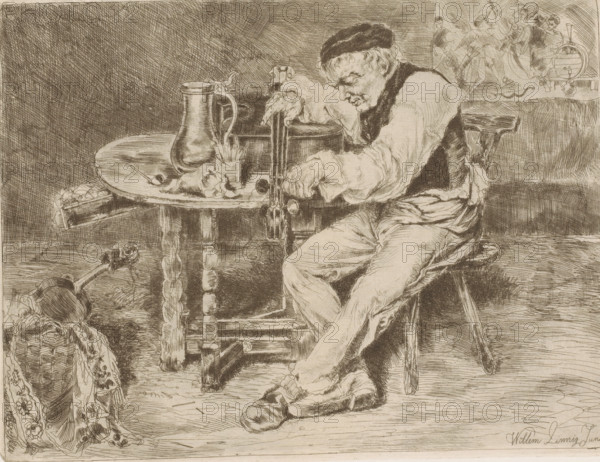 Musician strings a cello in front of him on a table, print, printmaker: Willem Linnig (II), 1852 -