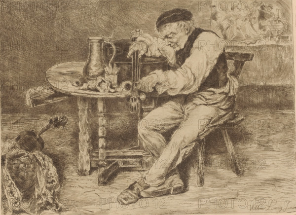 Musician strings a cello in front of him on a table, print, printmaker: Willem Linnig (II), 1852 -