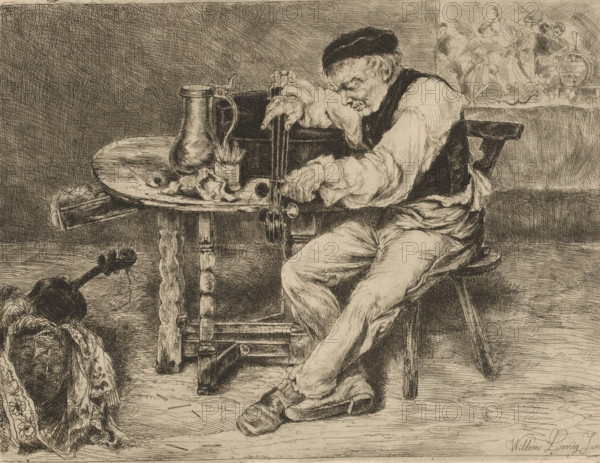 Musician strings a cello in front of him on a table, print, printmaker: Willem Linnig (II), 1852 -