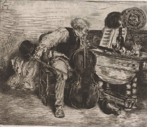 Cellist, print, printmaker: Willem Linnig (II), Weimar, 1852 - 1890, Thuringia, paper, etching,