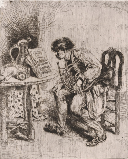 Hornist studies the sheet music Fraises au Champagne, print, printmaker: Willem Linnig (II), 1852 -