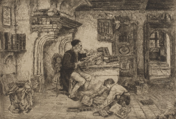 Writing man and reading boy, print, printmaker: Willem Linnig (II), 1852 - 1890, paper, etching,