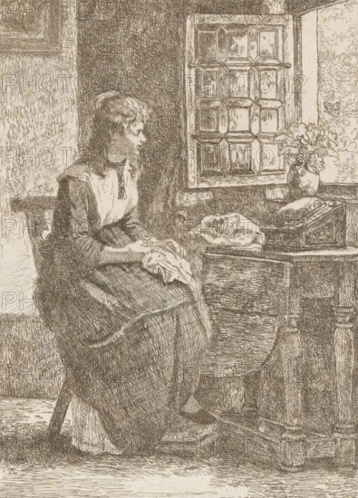 Girl doing needlework in front of an open window, print, printmaker: Willem Linnig (II), 1878,