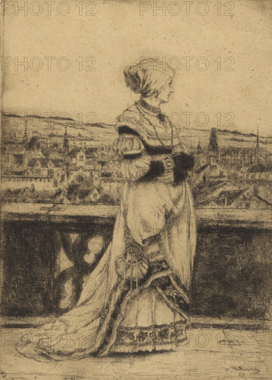 Lady walking on a terrace, print, printmaker: Willem Linnig (II), 1879, paper, etching, intaglio