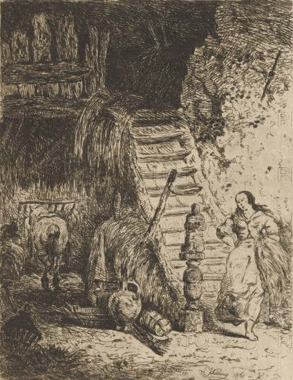 Farmer's wife in a barn coming down the stairs, print, printmaker: Willem Linnig (II), printmaker: