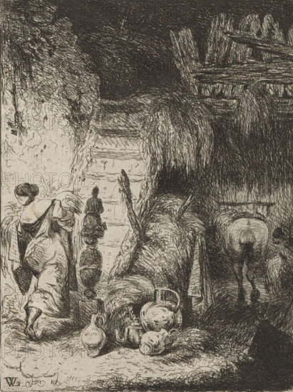 Farmer's wife in a barn walks up a staircase, print, annotation: 'IV', printmaker: Willem Linnig