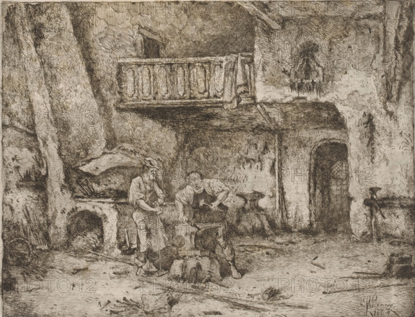 Two men at an anvil in the smithy, print, printmaker: Willem Linnig (II), 1864, paper, etching,