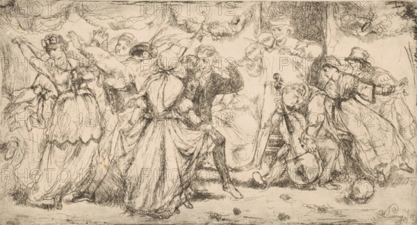Dancing couples with a duo of strings, print, printmaker: Willem Linnig (II), 1852 - 1890, paper,