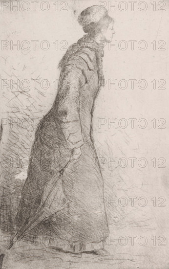Woman walking with umbrella, print, printmaker: Philip Zilcken, in or before c. 1879, paper, chine