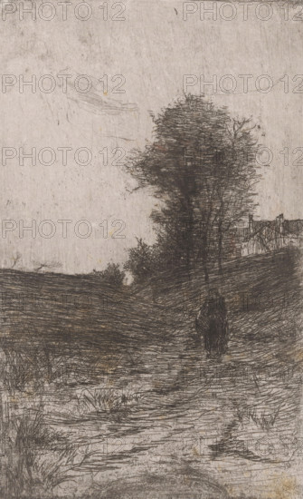 Landscape with trees, houses and walking figure, Soir a Etterbeek (Bruxelles) (original title),