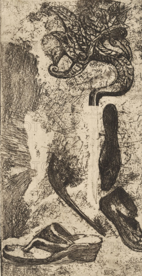 Coin d'atelier (original title), Shoe, sandals and a fantasy figure, print, printmaker: Philip