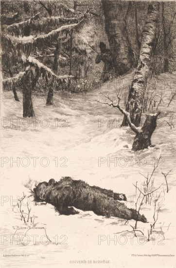 Hunter in the snow with shot bear, Souvenir de Norwège., print, printmaker: Etienne Prosper