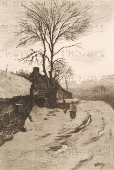 Winter evening (original title on object), print, Farms along a road with bare trees, on the road a