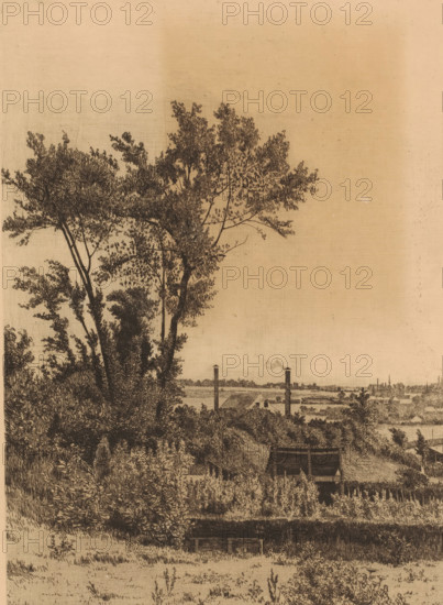 Landscape with buildings surrounding Saint-Walburg, print, printmaker: François Maréchal, 1891,