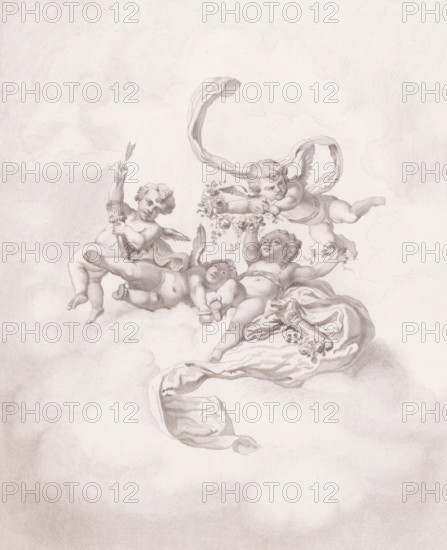 Putti on clouds with flowers and quivers, print, inscription: '3rd stage. De Meersman f 82',