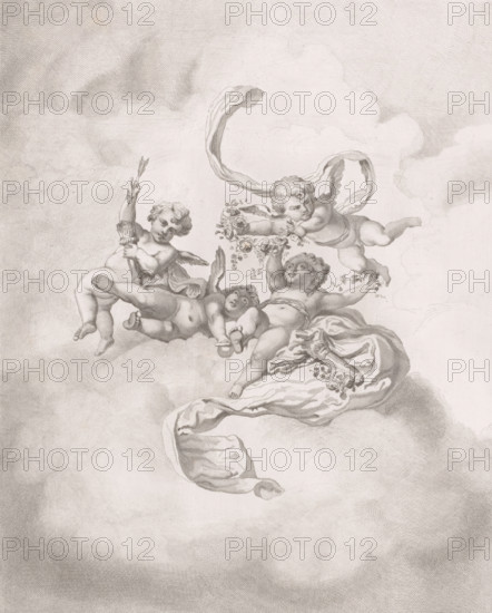 Putti on clouds with flowers and quivers, print, inscription: '2nd etat. De Meersman f 82',